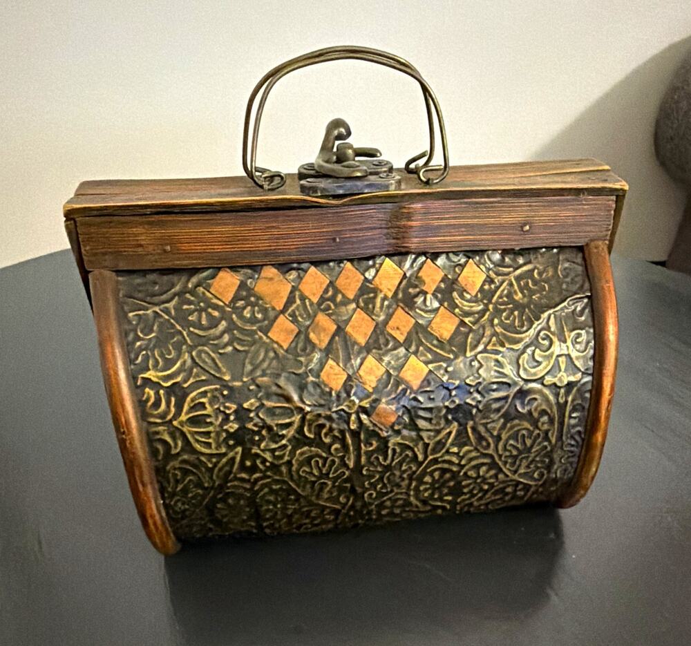 Small Arched Decorative Wood & Metal Hinged Box w/ Handle, Floral Brown Bronze